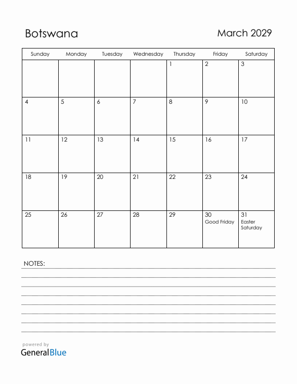 March 2029 Botswana Calendar with Holidays (Sunday Start)