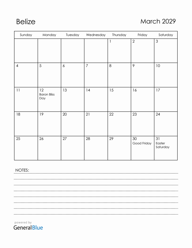 March 2029 Belize Calendar with Holidays (Sunday Start)