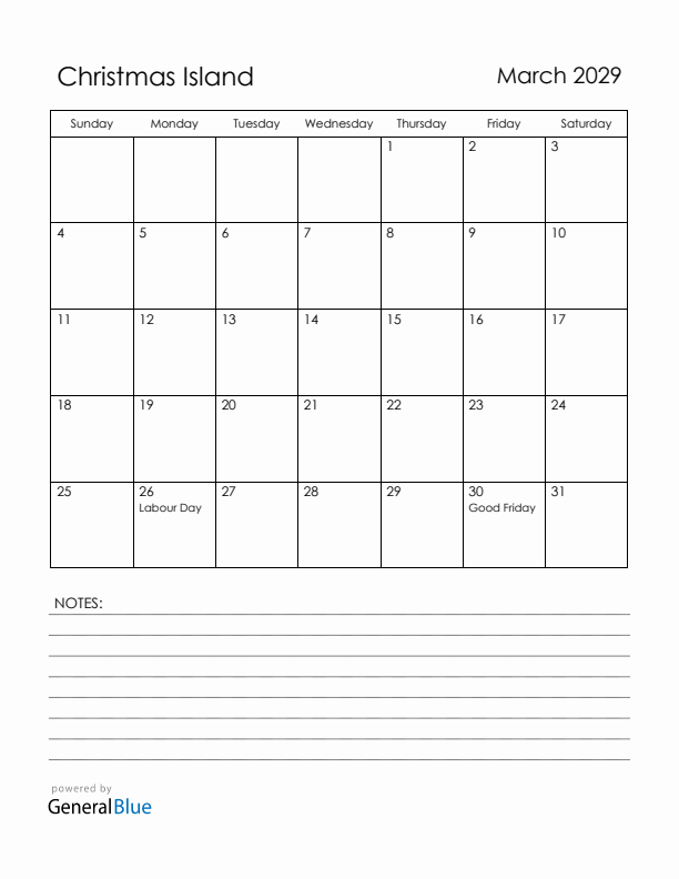 March 2029 Christmas Island Calendar with Holidays (Sunday Start)
