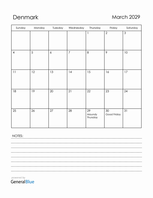 March 2029 Denmark Calendar with Holidays (Sunday Start)