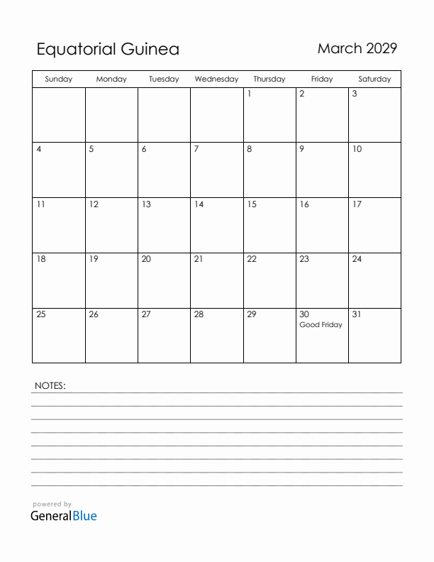 March 2029 Equatorial Guinea Calendar with Holidays (Sunday Start)