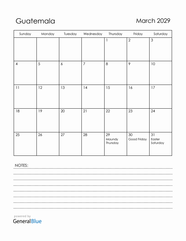 March 2029 Guatemala Calendar with Holidays (Sunday Start)