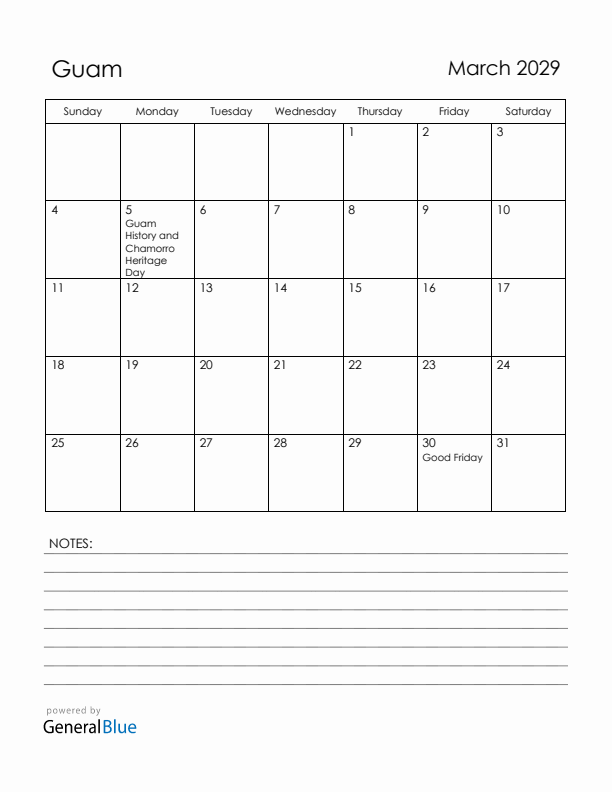 March 2029 Guam Calendar with Holidays (Sunday Start)