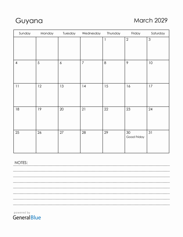 March 2029 Guyana Calendar with Holidays (Sunday Start)
