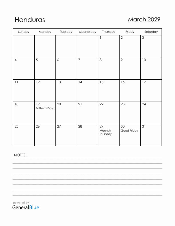 March 2029 Honduras Calendar with Holidays (Sunday Start)