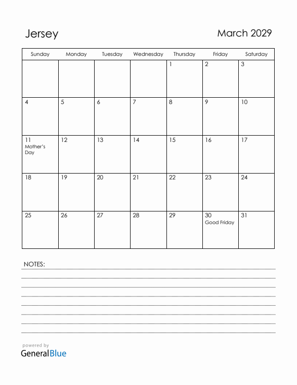 March 2029 Jersey Calendar with Holidays (Sunday Start)
