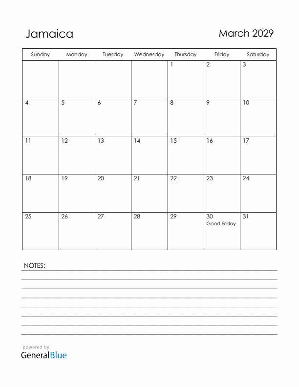 March 2029 Jamaica Calendar with Holidays (Sunday Start)