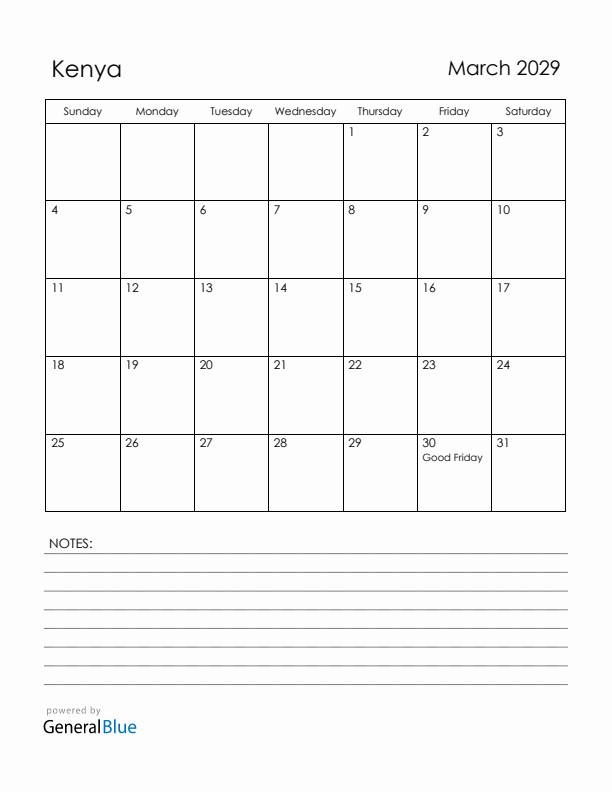 March 2029 Kenya Calendar with Holidays (Sunday Start)