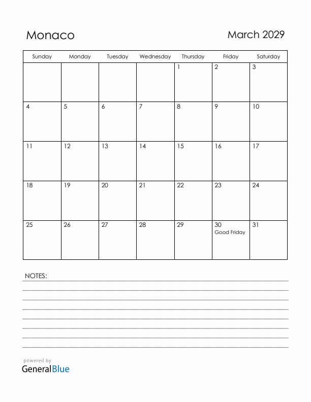 March 2029 Monaco Calendar with Holidays (Sunday Start)