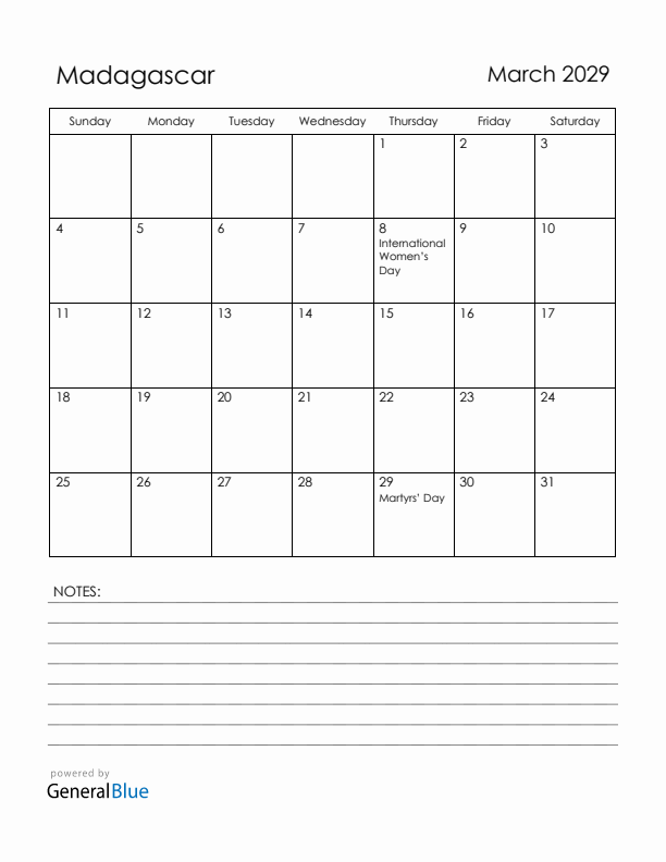 March 2029 Madagascar Calendar with Holidays (Sunday Start)