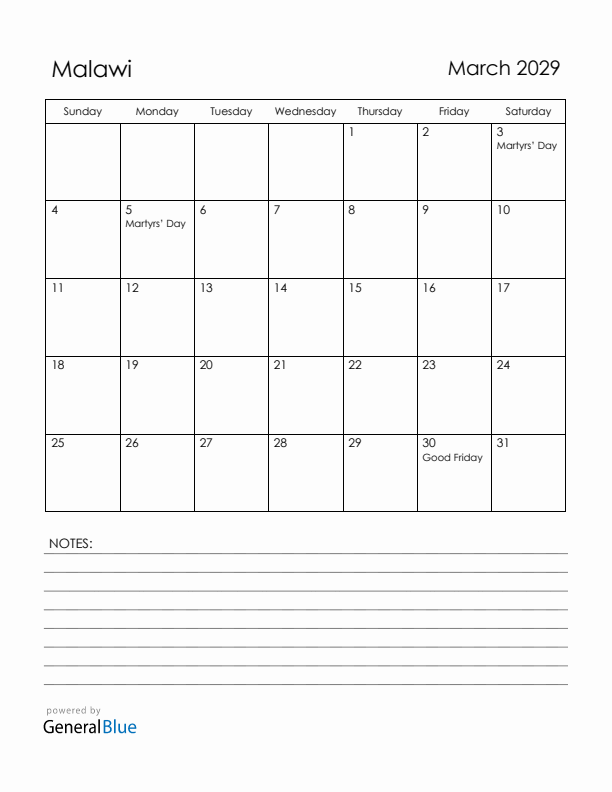 March 2029 Malawi Calendar with Holidays (Sunday Start)