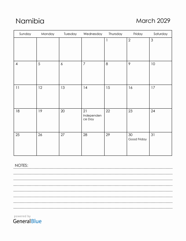 March 2029 Namibia Calendar with Holidays (Sunday Start)