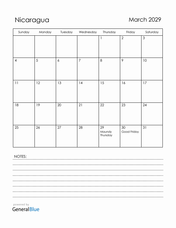 March 2029 Nicaragua Calendar with Holidays (Sunday Start)