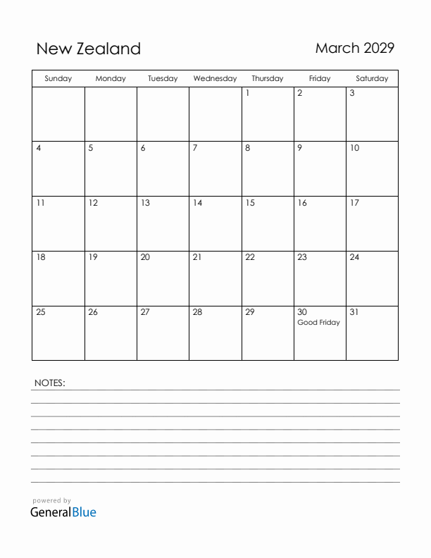 March 2029 New Zealand Calendar with Holidays (Sunday Start)
