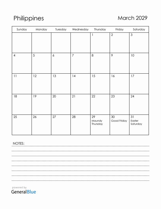 March 2029 Philippines Calendar with Holidays (Sunday Start)