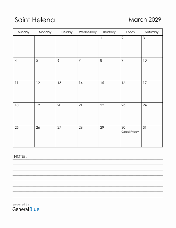 March 2029 Saint Helena Calendar with Holidays (Sunday Start)