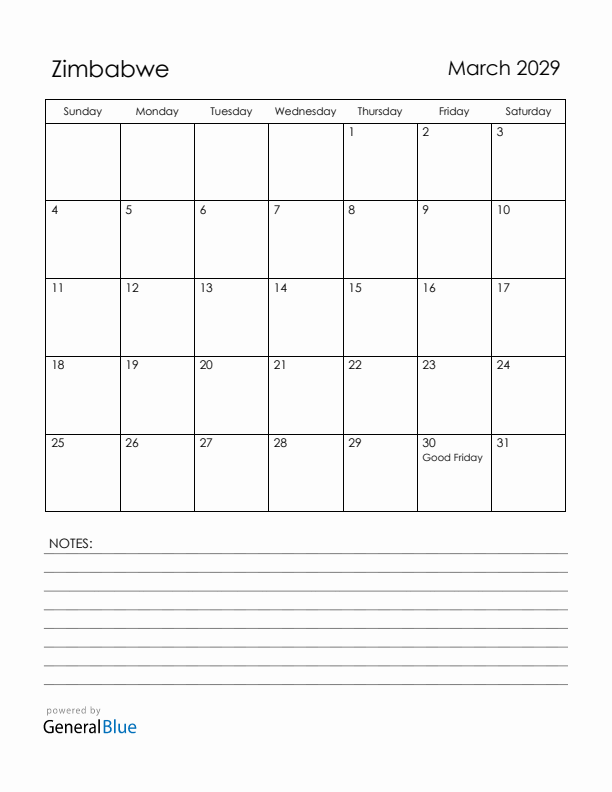 March 2029 Zimbabwe Calendar with Holidays (Sunday Start)