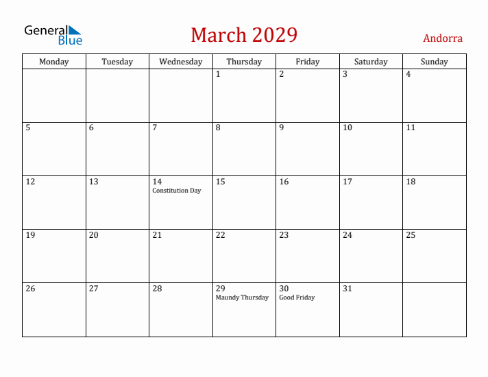 Andorra March 2029 Calendar - Monday Start
