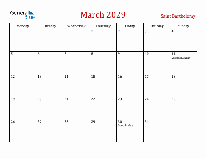 Saint Barthelemy March 2029 Calendar - Monday Start