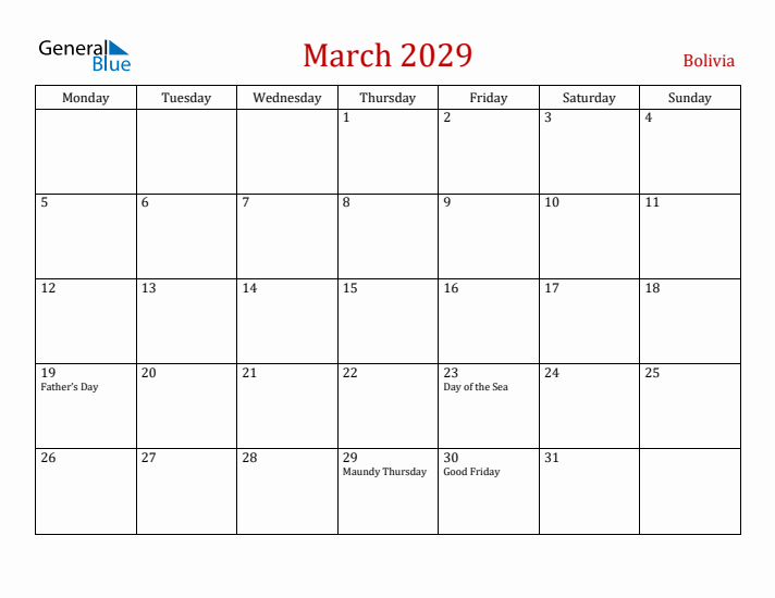 Bolivia March 2029 Calendar - Monday Start