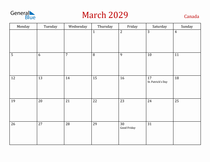 Canada March 2029 Calendar - Monday Start