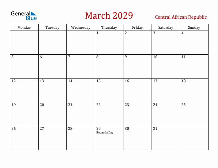 Central African Republic March 2029 Calendar - Monday Start