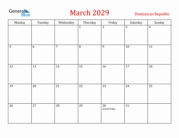 Dominican Republic March 2029 Calendar - Monday Start