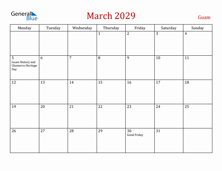 Guam March 2029 Calendar - Monday Start