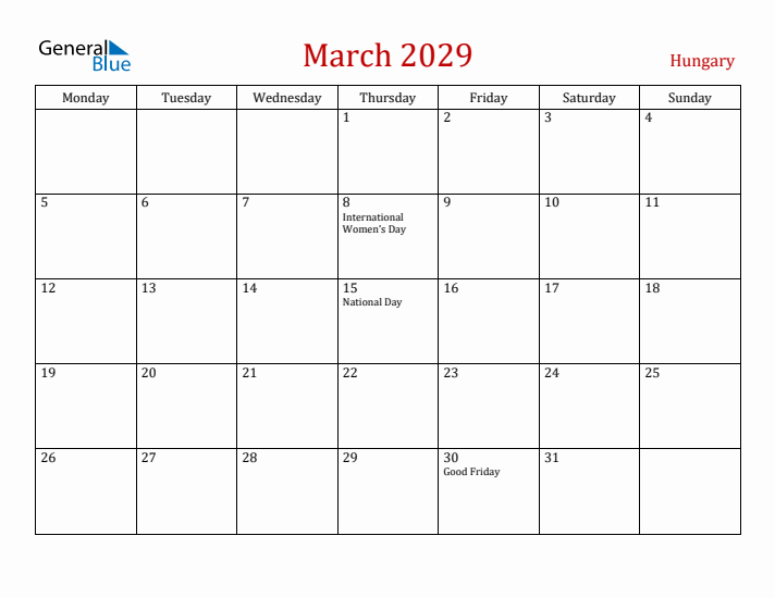 Hungary March 2029 Calendar - Monday Start