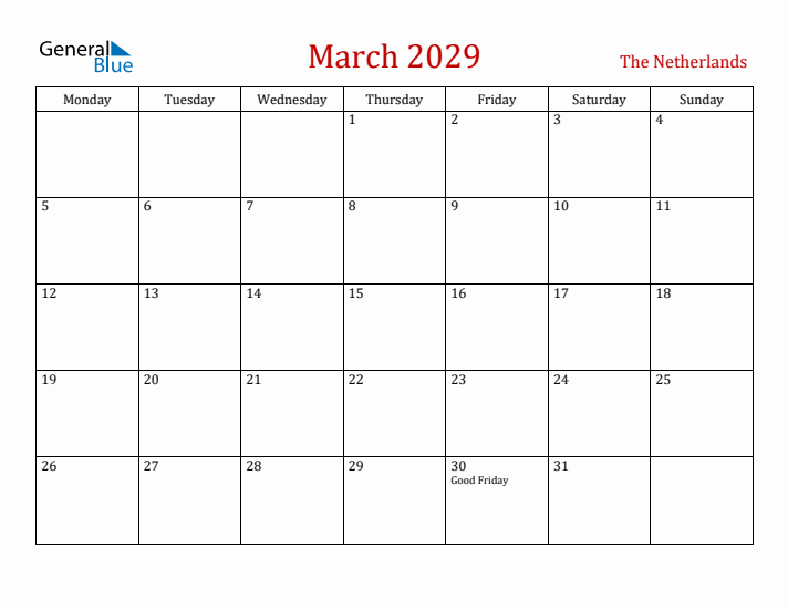 The Netherlands March 2029 Calendar - Monday Start