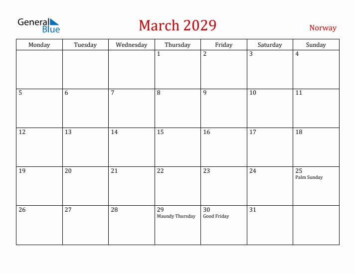 Norway March 2029 Calendar - Monday Start