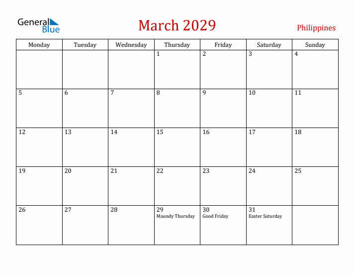 Philippines March 2029 Calendar - Monday Start