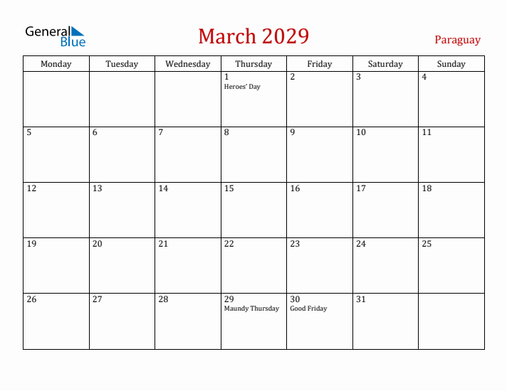Paraguay March 2029 Calendar - Monday Start