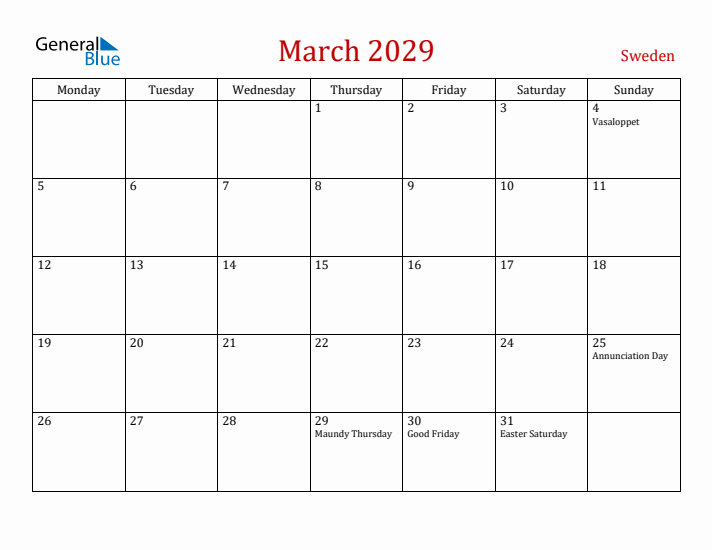Sweden March 2029 Calendar - Monday Start