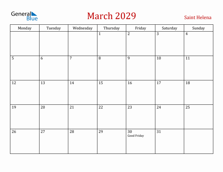 Saint Helena March 2029 Calendar - Monday Start