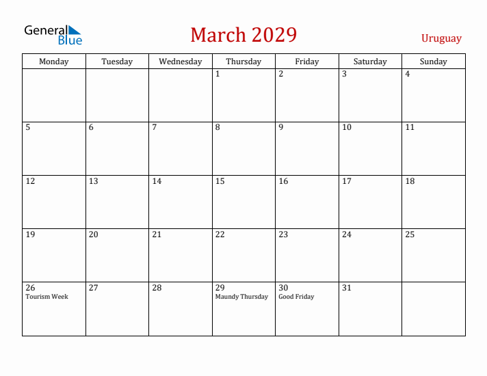 Uruguay March 2029 Calendar - Monday Start