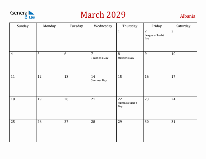 Albania March 2029 Calendar - Sunday Start