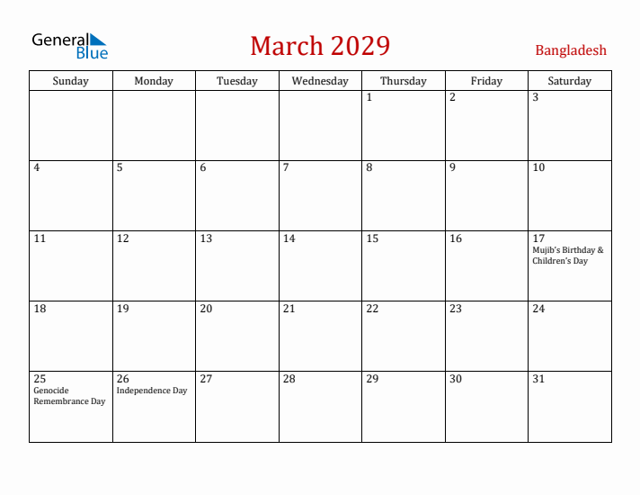 Bangladesh March 2029 Calendar - Sunday Start