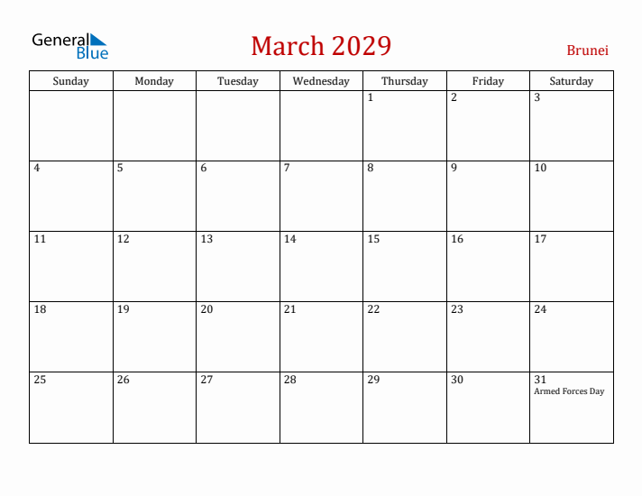 Brunei March 2029 Calendar - Sunday Start