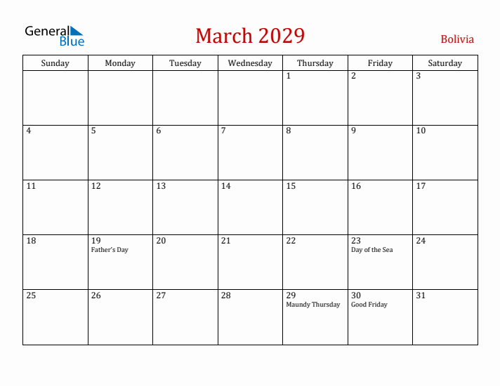 Bolivia March 2029 Calendar - Sunday Start