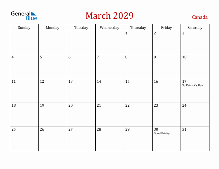 Canada March 2029 Calendar - Sunday Start