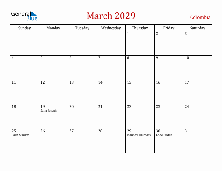 Colombia March 2029 Calendar - Sunday Start