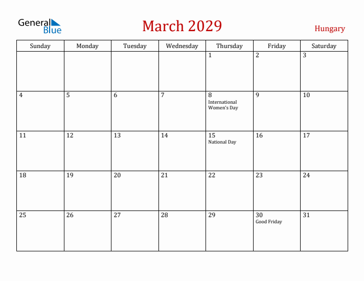 Hungary March 2029 Calendar - Sunday Start
