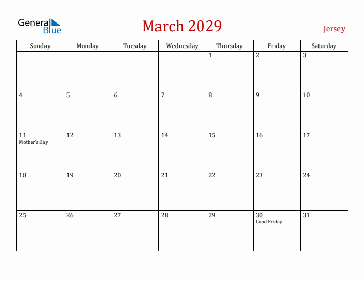 Jersey March 2029 Calendar - Sunday Start