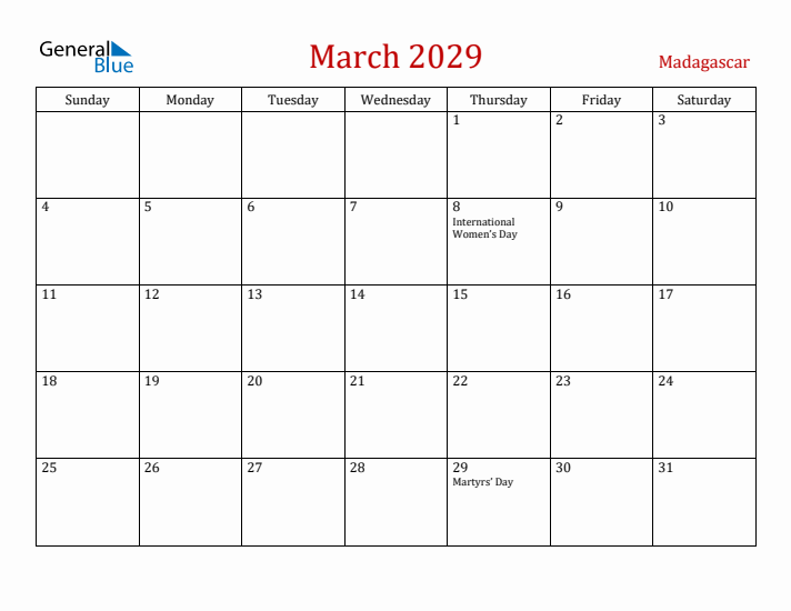 Madagascar March 2029 Calendar - Sunday Start