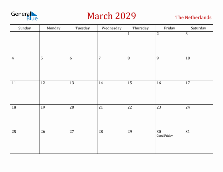 The Netherlands March 2029 Calendar - Sunday Start