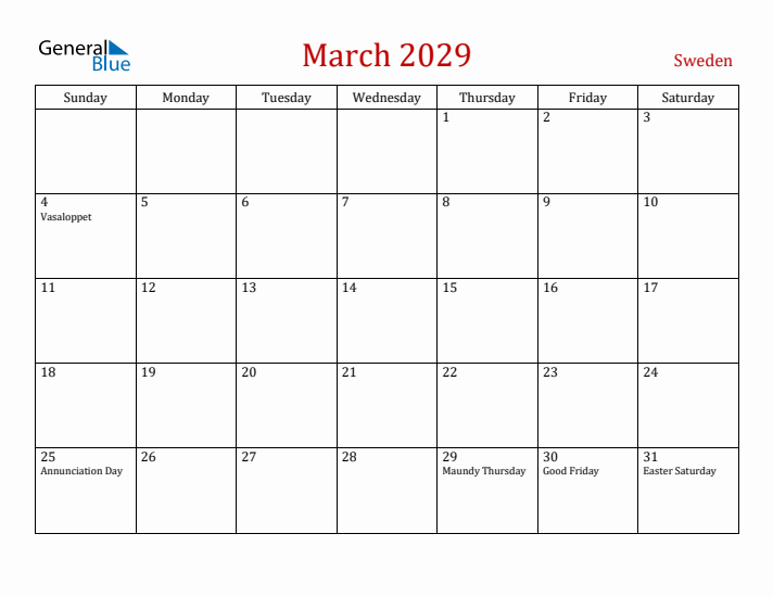 Sweden March 2029 Calendar - Sunday Start
