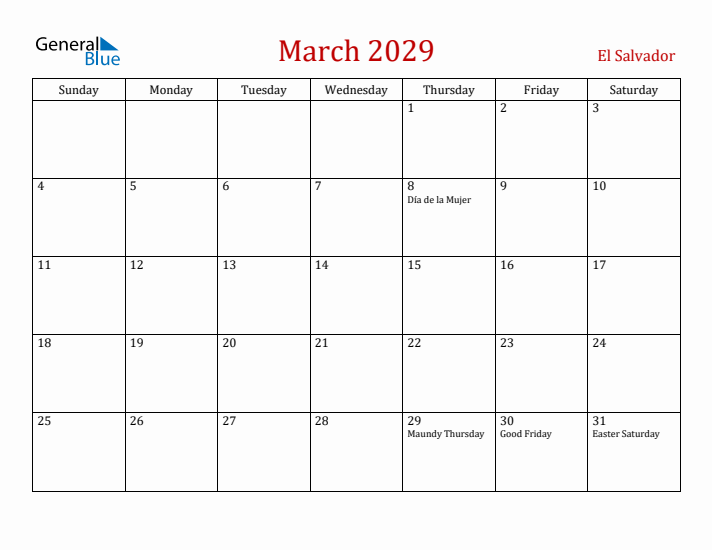El Salvador March 2029 Calendar - Sunday Start