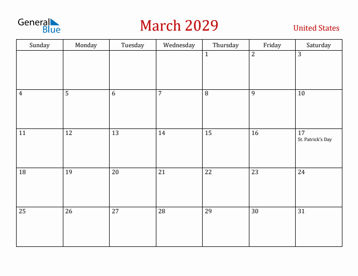United States March 2029 Calendar - Sunday Start