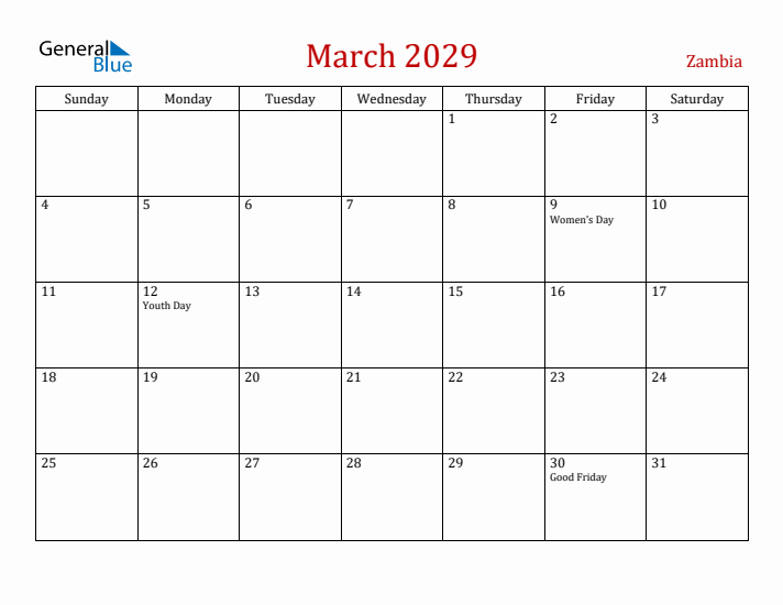 Zambia March 2029 Calendar - Sunday Start